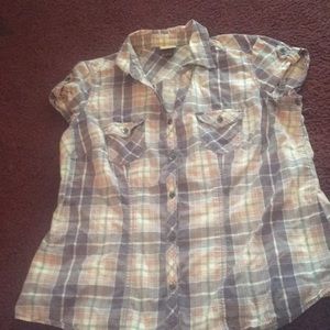 Purple and pink plaid button up shirt.